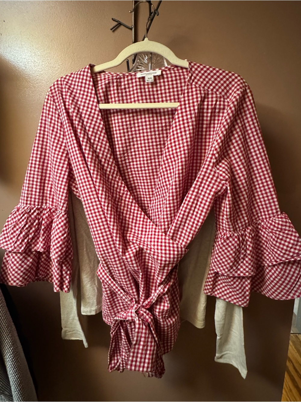 Red & White Gingham Wrap Top with Ruffle Sleeves